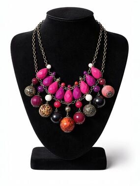 Bella Jack Statement Necklace Pink Multi Bead Layered Bib
